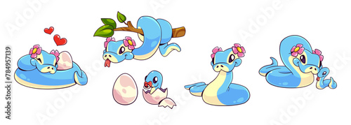 Cute snake parent character with baby cartoon vector. Funny animal serpent with tongue in jungle forest on tree branch. Reptile zoo comic mascot design. Exotic wildlife family in pink and blue