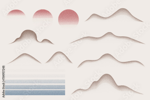 Grainy gradient mountains sun and sea vector set of elements. Dotted spray halftone effect with dust texture. Grunge moon and dissolve fade landscape. Retro Japanese design