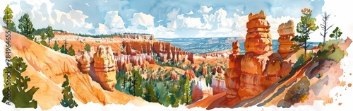 A painting showcasing a canyon filled with tall trees and large rocks. The rugged terrain of the canyon is depicted with intricately detailed brushstrokes, capturing the essence of the natural landsca
