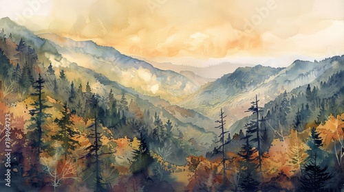 A watercolor painting showcasing a grand mountain range with lush trees in the foreground. The artist captures the awe-inspiring beauty of the landscape with intricate details and vibrant colors.