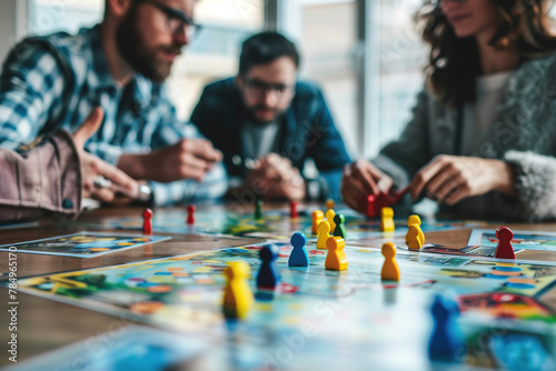Adults engrossed in playing a colorful board game, focusing on pawns and cards.