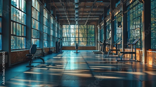 Interior of an empty modern fitness room with large windows