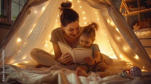 Mother and daughter enjoy reading under a bright tent in their bedroom.