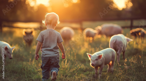 A child plays with piglets in the countryside.