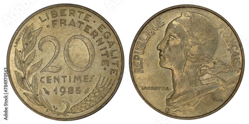 Back and front side of obsolete used coin. French coin of 10 centimes year 1985 from the portrait of Marianne, Aluminum-Bronze. on white background.