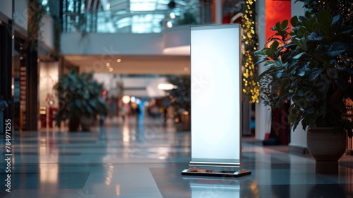 Roll up mockup poster stand in an shopping center or mall environment as wide banner design with blank empty copy space area