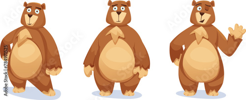 Cute big brown bear cartoon character. Vector illustration set of standing grizzly mascot in different poses - with waving paw gesture, hand on heaps and front view. Forest animal with fluffy fur.