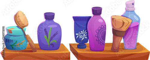 Skincare and cleansing product plastic bottles, brushes and jars on wooden shelves. Cartoon vector illustration set of container and packaging with face and body hygiene supplies. Everyday cosmetic.