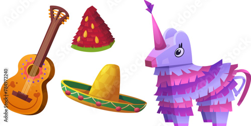 Mexican festival or holiday traditional elements - paper donkey and watermelon pinata, sombrero hat and guitar. Cartoon vector illustration set of fiesta, birthday party and cinco de mayo accessory.