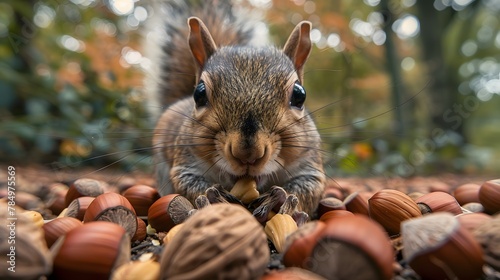 A cute red squirrel in a park enjoys a tasty nut