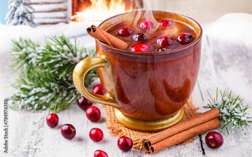 Hot winter drink with cranberries and cinnamon