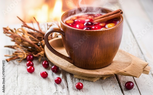 Hot winter drink with cranberries and cinnamon