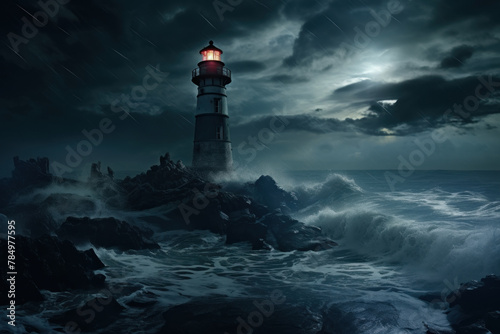 Lighthouse Standing Resolute Against Furious Ocean Waves 