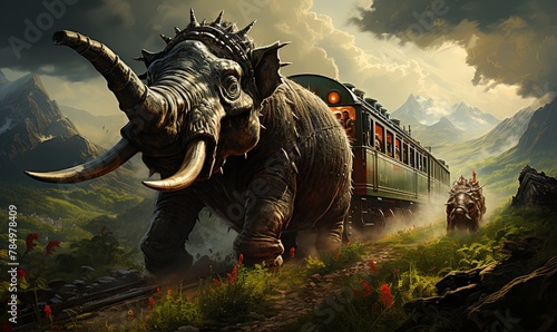 Elephant Painting With Train in Background