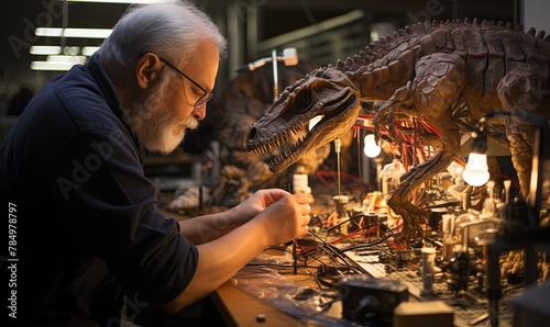 Man Working on Dinosaur Model