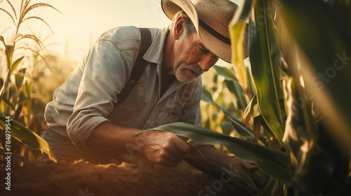 Farmer checks corn sprouts