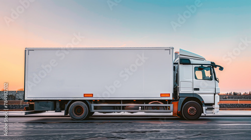 Side view of a white truck parked, clear sunset sky, concept of cargo transport. Generative AI