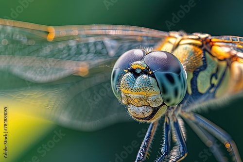 Dragonfly, calmness, Close-up,Extreme Close-up,Headshot View, Golden Ratio, Ultra Detailed, Golden Hour, Wild Photography, jungle Background, 