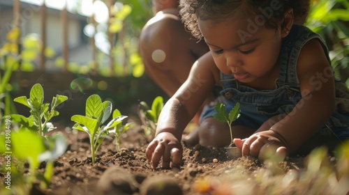 An intimate moment of a parent teaching their child how to plant seeds in a small home garden, nurturing not just plants but also a love for nature.