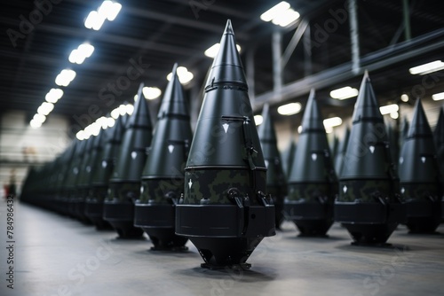Spacious warehouse of a military factory with organized rows of nuclear warheads