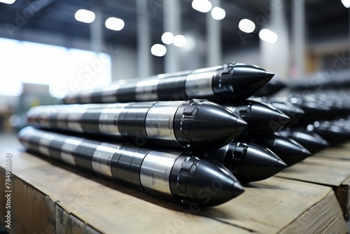 Close-up of new ballistic missiles in military warehouse, metal ammunition in weapons factory