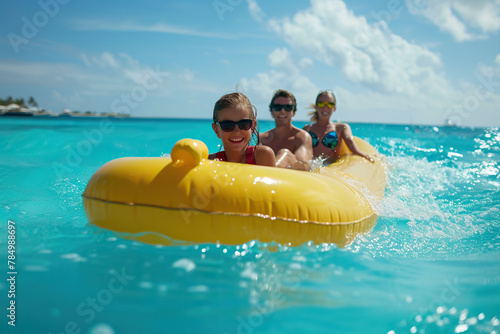 Happy young family rides on an inflatable boat.