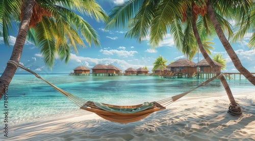 A serene hammock view overlooking crystal-clear waters with picturesque overwater bungalows in the distance.