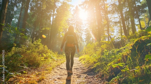 An individual taking a mindful walk in the forest, the sunlight filtering through the trees, illustrating the healing power of nature and the practice of eco-therapy.