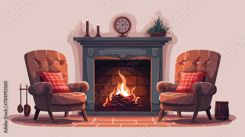 A cozy living room with a crackling fire in the fireplace
