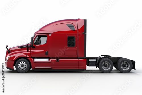 Side view of a bright red semi truck cab without a trailer, isolated on a white background, depicting logistics and transportation.