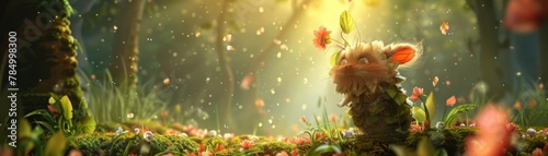 A cute cartoon creature made of leaves and moss stands in an overgrown magical forest.