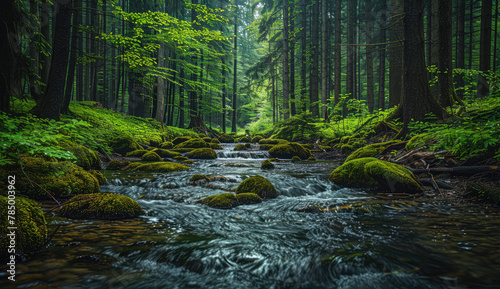 Stream in the forest, beautiful view. Created with Ai