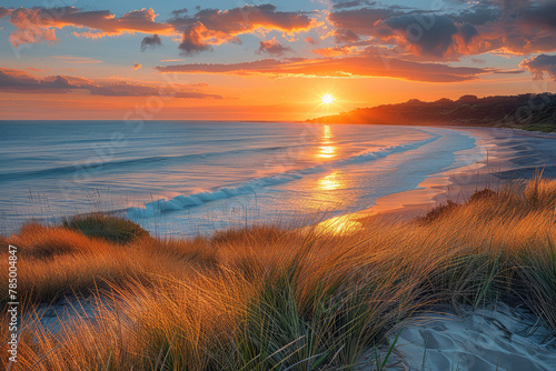 A breathtaking sunset over the beach, casting warm hues across sand dunes and waves in New Zealand's south island. Created with Ai