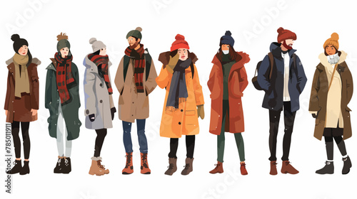 Men women wearing cold weather clothes in winter. Pers