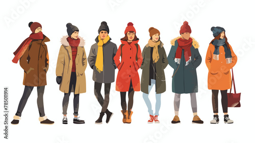 Men women wearing cold weather clothes in winter. Pers