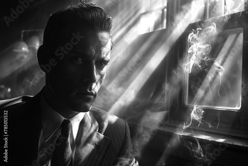 thoughtful male detective investigator smokes in the office. Retro black and white noir style