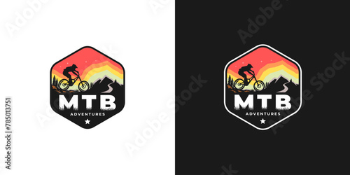 An MTB (Mountain Bike) illustration emblem logo featuring a mountain trail against a retro-toned sky, capturing the essence of adventure and nature.