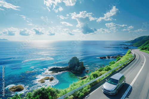 A car driving on the coastal highway, surrounded by cliffs and blue sea water, with green vegetation in spring, sunny weather, and blue sky and white clouds. 