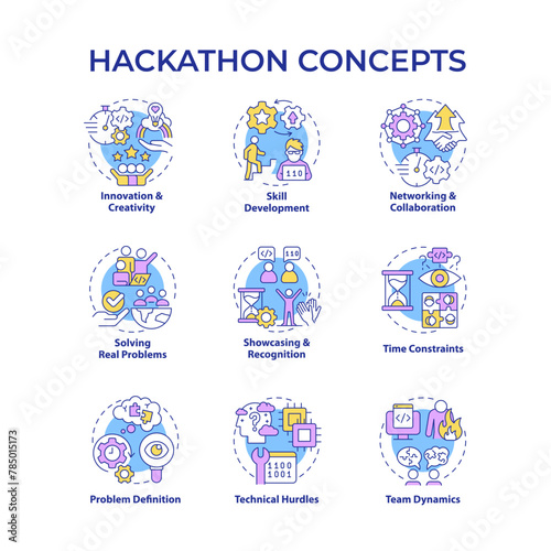 Hackathon multi color concept icons. Tech event for program developers. Tech solutions. Coding competition. Teamwork. Icon pack. Vector images. Round shape illustrations. Abstract idea