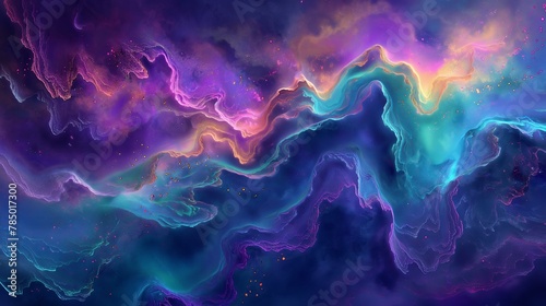 A colorful galaxy with purple, blue, and green swirls. The colors are vibrant and the shapes are wavy. Scene is dreamy and otherworldly