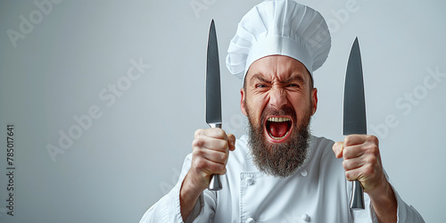aggressive emotional angry man chef in a white hat holding knives in hand screams against an isolated grey background