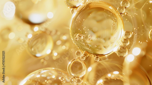 macro shot of golden oil skincare collagen bubbles, creating a luxurious and abstract pattern with a sense of fluid motion and organic beauty.