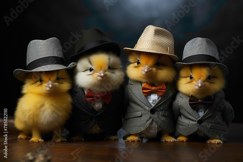 Baby chickens in dapper bow ties and bowler hats, engaging in a lively game of tag on a grey background.