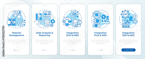 MES integration blue onboarding mobile app screen. Walkthrough 5 steps editable graphic instructions with linear concepts. UI, UX, GUI template. Montserrat SemiBold, Regular fonts used