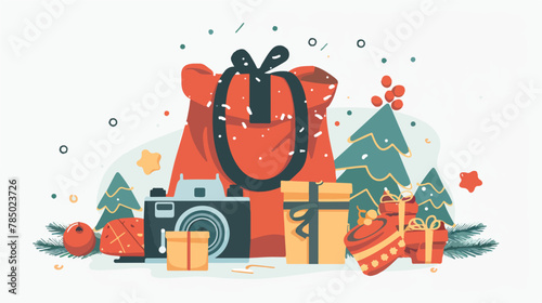 Camera and sack for christmas party Flat vector isola