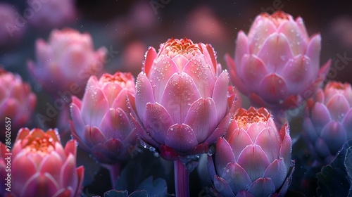 AI generated illustration of a cluster of proteas against a dark background