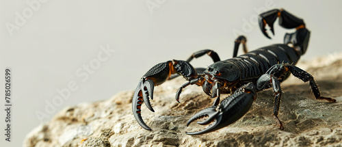 Front view of scorpion on gray Single colored background. Wild animals banner with copy space
