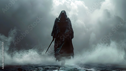 Cloaked Swordsman Navigating the Eerie Mist of the Supernatural Realm