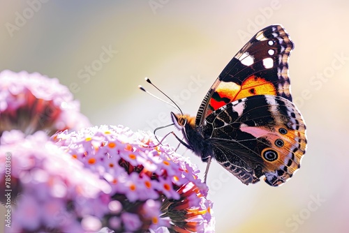 Red Admiral Butterfly on flowers on white background,
