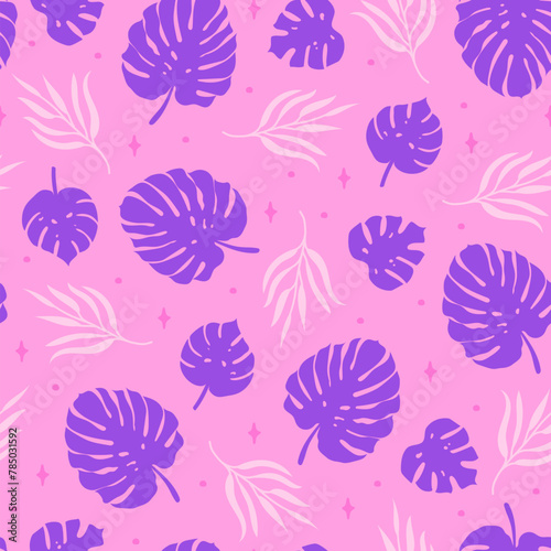 Trendy abstract hand drawn palm leaves seamless pattern. Vector retro pink and violet tropical leaf print for fabric, summer decor, wrapping paper.